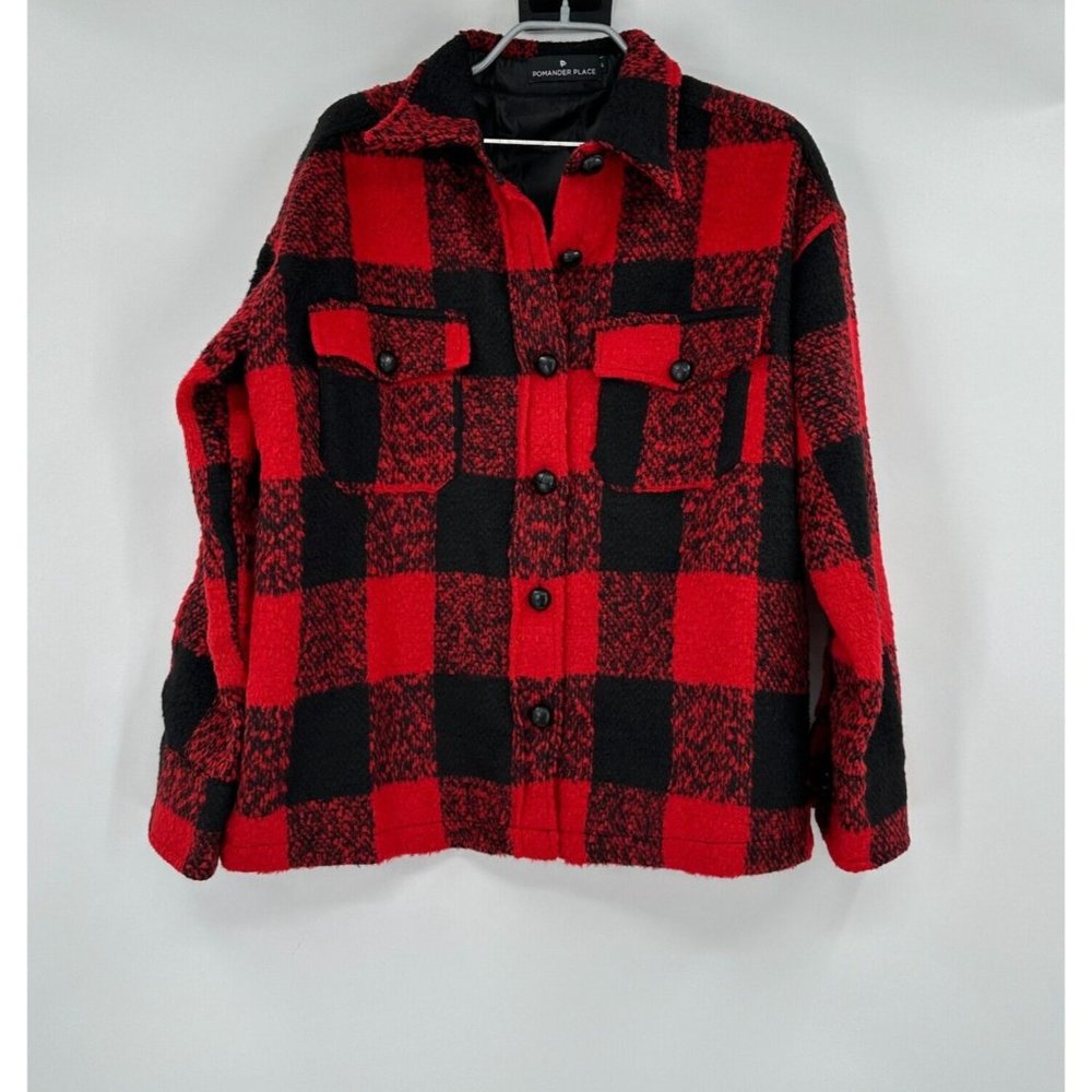 Pomander Place Tuckernuck Austen Shirt Jacket Red Buffalo Check Wool Shacket S